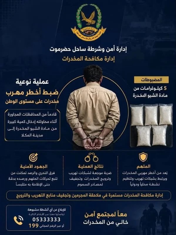 مكافحة المخدرات بساحل حضرموت تضبط أحد أخطر مهربي المخدرات IMG 20260609 WA0069
