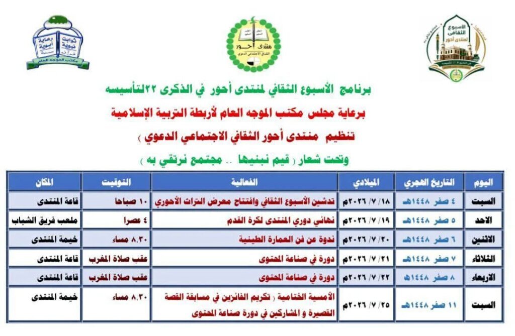 منتدى أحور يطلق أسبوعه الثقافي في الذكرى الـ22.. احتفاء بالتراث وتمكين للشباب وإحياء للهوية المحلية FB IMG 1783931568395