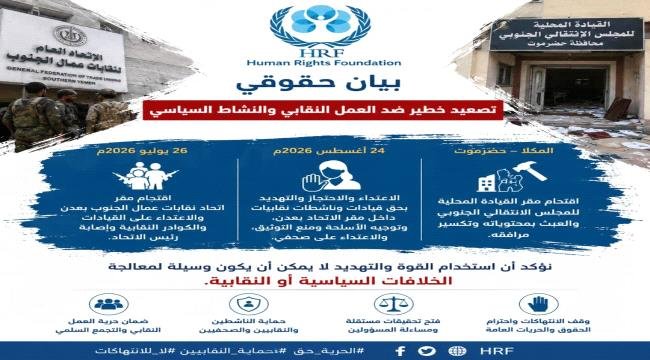 هيومن رايتس HRF تصعيد مقلق يطال العمل النقابي والنشاط السياسي في عدن والمكلا هيومن رايتس HRF تصعيد مقلق يطال العمل النقابي والنشاط السياسي في عدن والمكلا